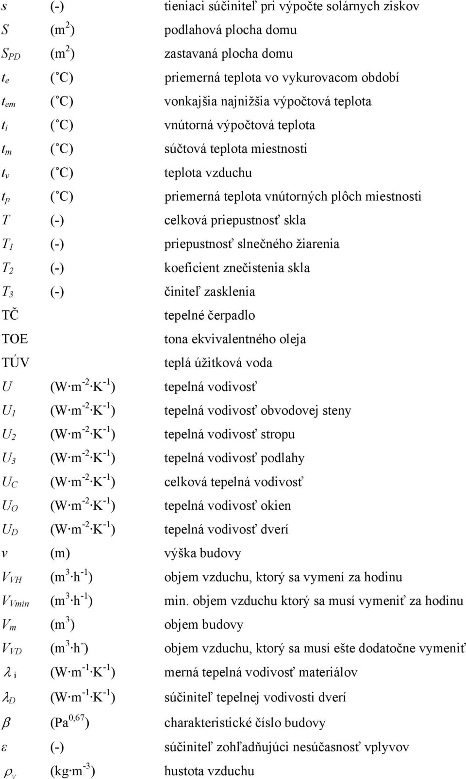 skla T 1 (-) priepustnosť slnečného žiarenia T 2 (-) koeficient znečistenia skla T 3 (-) činiteľ zasklenia TČ tepelné čerpadlo TOE tona ekvivalentného oleja TÚV teplá úžitková voda U (W m -2 K -1 )