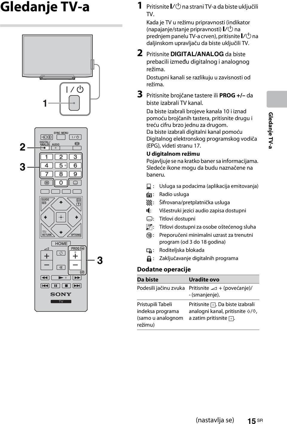 2 Pritisnite DIGITAL/ANALOG da biste prebacili između digitalnog i analognog režima. Dostupni kanali se razlikuju u zavisnosti od režima.