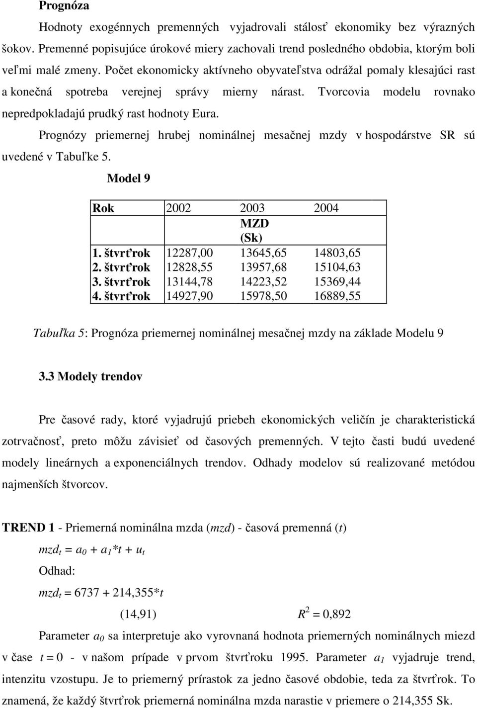 Prognózy priemernej hrubej nominálnej mesačnej mzdy v hospodárstve SR sú uvedené v Tabuľke 5. Model 9 Rok 2002 2003 2004 MZD (Sk) 1. štvrťrok 12287,00 13645,65 14803,65 2.