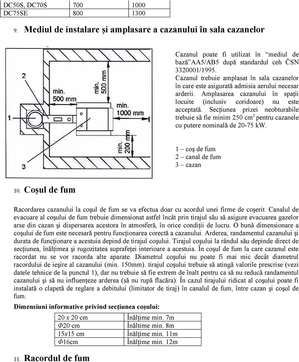 Secţiunea prizei neobturabile trebuie să fie minim 250 cm2 pentru cazanele cu putere nominală de 20-75 kw. 1 coş de fum 2 canal de fum 3 cazan 10.