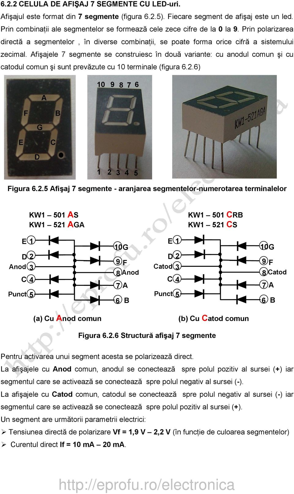 Afişajele 7 segmente se construiesc în două variante: cu anodul comun şi cu catodul comun şi sunt prevăzute cu 10 terminale (figura 6.2.