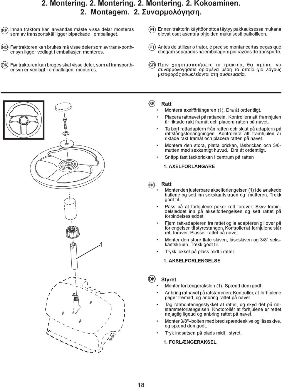 Før traktoren kan bruges skal visse deler, som af transporthensyn er vedlagt i emballagen, monteres.