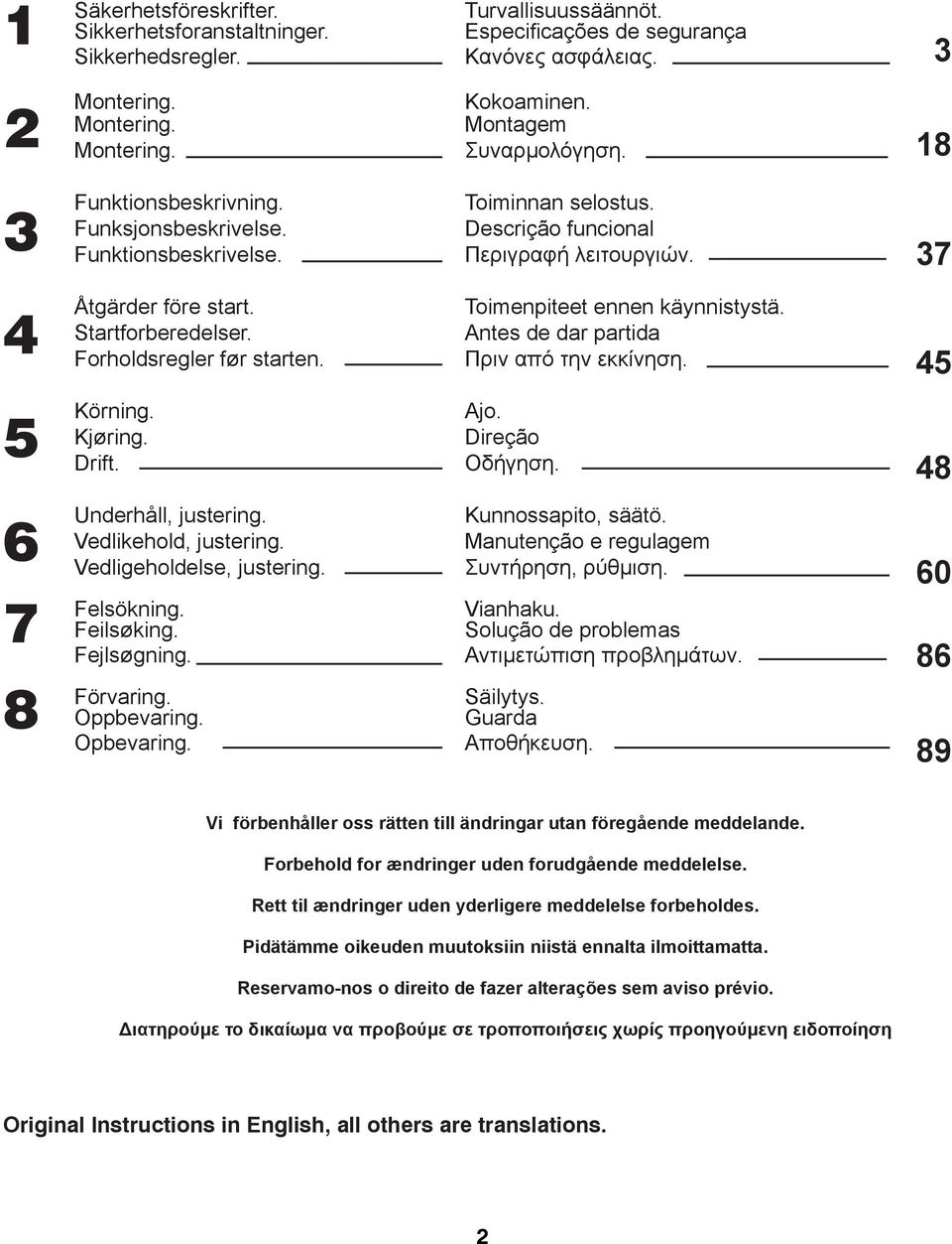 Forholdsregler før starten. Toimenpiteet ennen käynnistystä. Antes de dar partida Πριν από την εκκίνηση. 45 5 Körning. Kjøring. Drift. Ajo. Direção Οδήγηση. 48 6 7 8 Underhåll, justering.