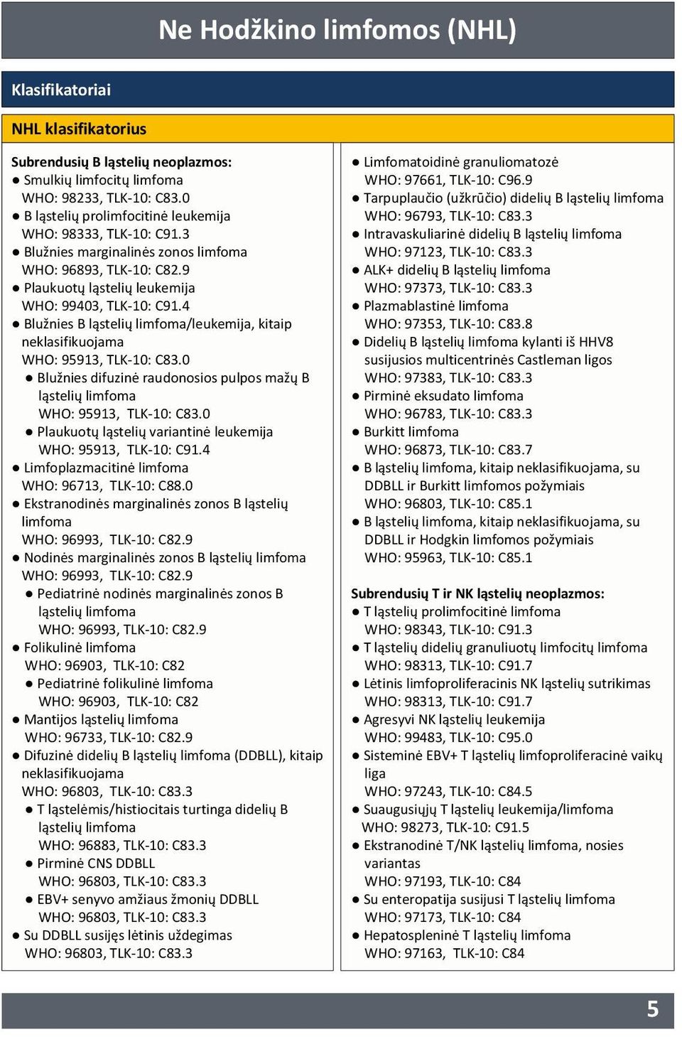 4 Blužnies B ląstelių limfoma/leukemija, kitaip neklasifikuojama WHO: 95913, TLK10: C83.0 Blužnies difuzinė raudonosios pulpos mažų B ląstelių limfoma WHO: 95913, TLK10: C83.