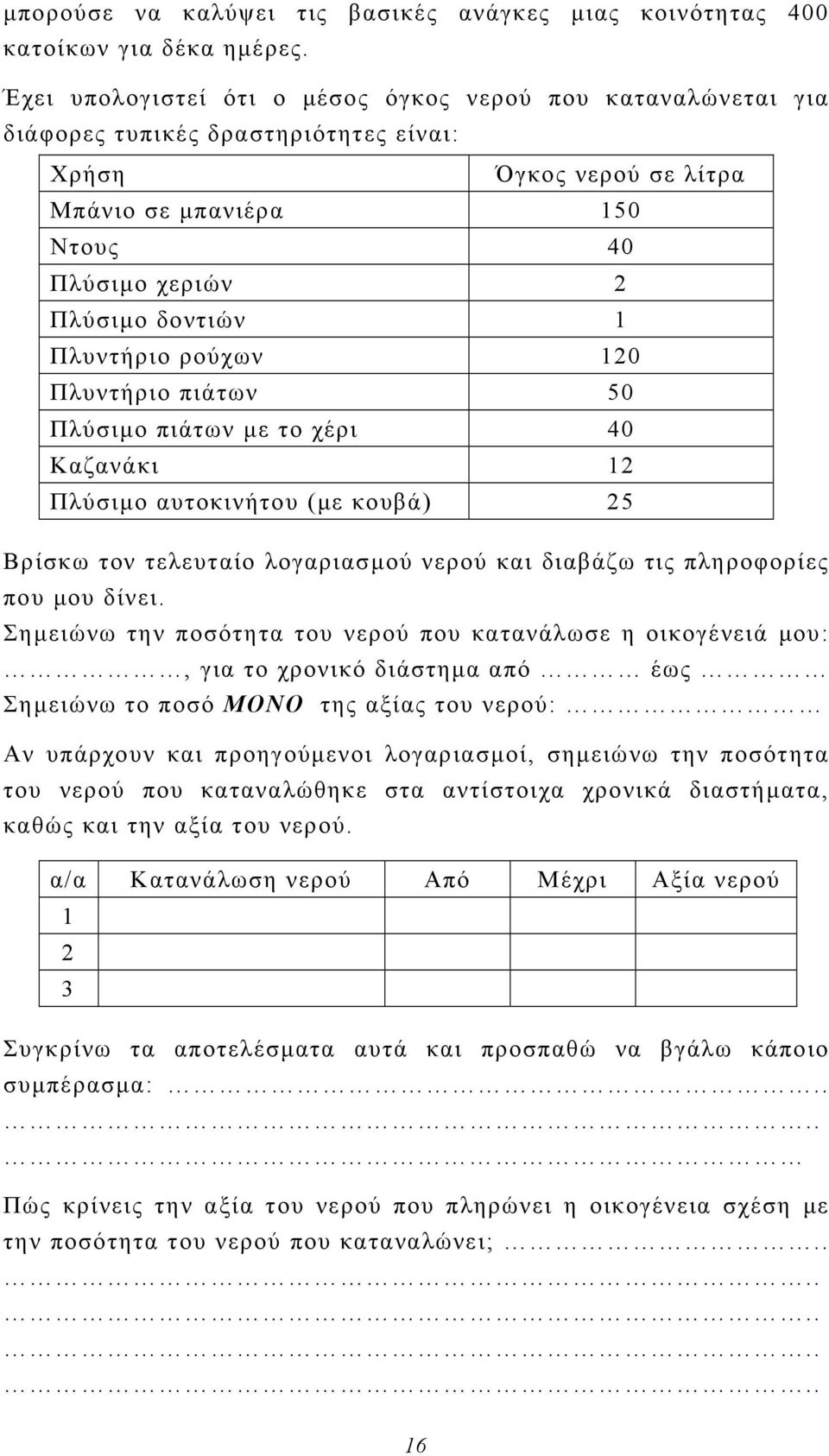 Πλυντήριο ρούχων 120 Πλυντήριο πιάτων 50 Πλύσιμο πιάτων με το χέρι 40 Καζανάκι 12 Πλύσιμο αυτοκινήτου (με κουβά) 25 Βρίσκω τον τελευταίο λογαριασμού νερού και διαβάζω τις πληροφορίες που μου δίνει.