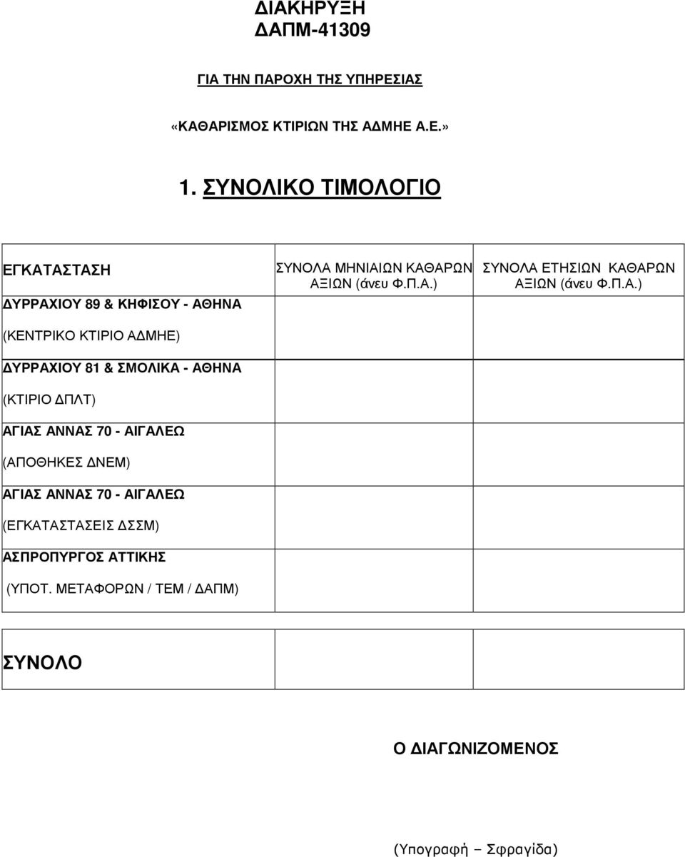 Α.Ε.» ΣΥΝΟΛΙΚΟ ΤΙΜΟΛΟΓΙΟ ΕΓΣΤΑΣΗ ΥΡΡΑΧΙΟΥ 89 & ΚΗΦΙΣΟΥ - ΑΘΗΝΑ (ΚΕΝΤΡΙΚΟ ΚΤΙΡΙΟ Α ΜΗΕ) ΥΡΡΑΧΙΟΥ 81 &