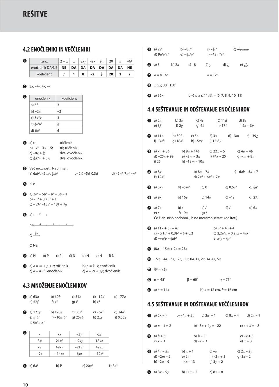 č) 0 klm + n; dva; dvočlenik Več možnoti. Naprimer: a) 6ab, ab, ab b) d, 5d, 0,d d) n, 7n, n d, e a) b 5b + b b b) u +,7u + c) h 7 5e f + 7g a) a b) a a a c) a č) Ne.