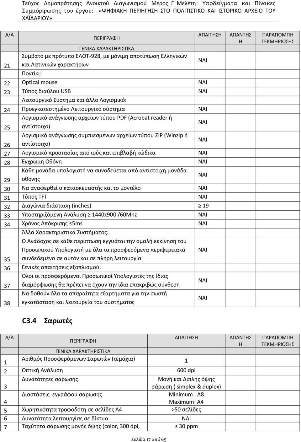 27 Λογισμικό προστασίας από ιούς και επιβλαβή κώδικα 28 Έγχρωμη Οθόνη Κάθε μονάδα υπολογιστή να συνοδεύεται από αντίστοιχη μονάδα 29 οθόνης 30 Να αναφερθεί ο κατασκευαστής και το μοντέλο 31 Τύπος TFT