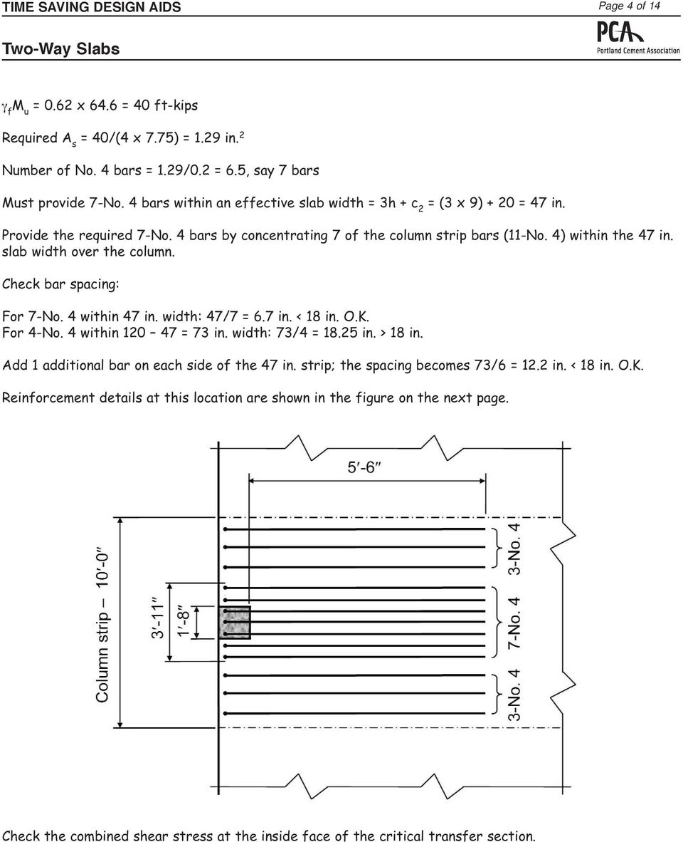 slab width over the column. Check bar spacing: For 7-No. 4 within 47 in. width: 47/7 = 6.7 in. < 18 in. O.K. For 4-No. 4 within 120 47 = 73 in. width: 73/4 = 18.25 in. > 18 in.