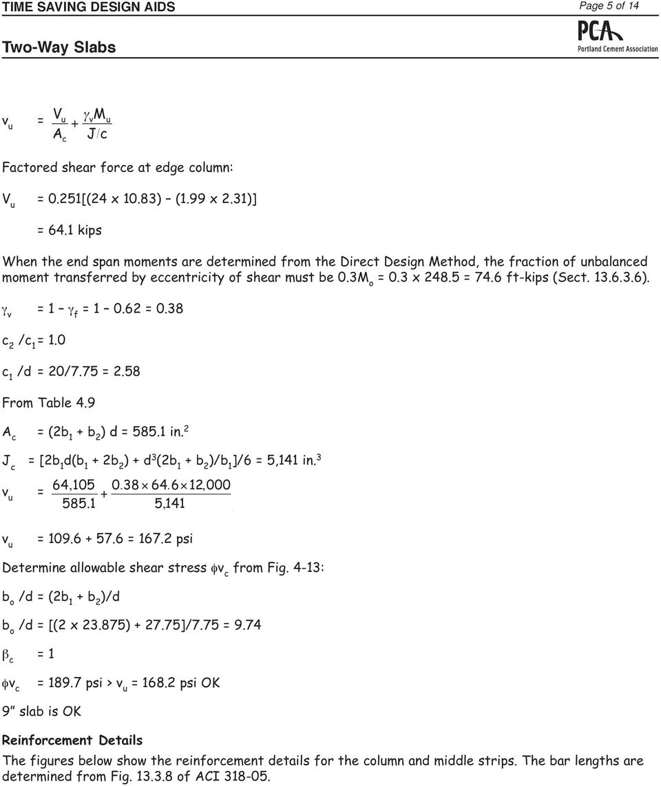 13.6.3.6). γ v = 1 γ f = 1 0.62 = 0.38 c 2 /c 1 = 1.0 c 1 /d = 20/7.75 = 2.58 From Table 4.9 A c = (2b 1 + b 2 ) d = 585.1 in. 2 J c = [2b 1 d(b 1 + 2b 2 ) + d 3 (2b 1 + b 2 )/b 1 ]/6 = 5,141 in.