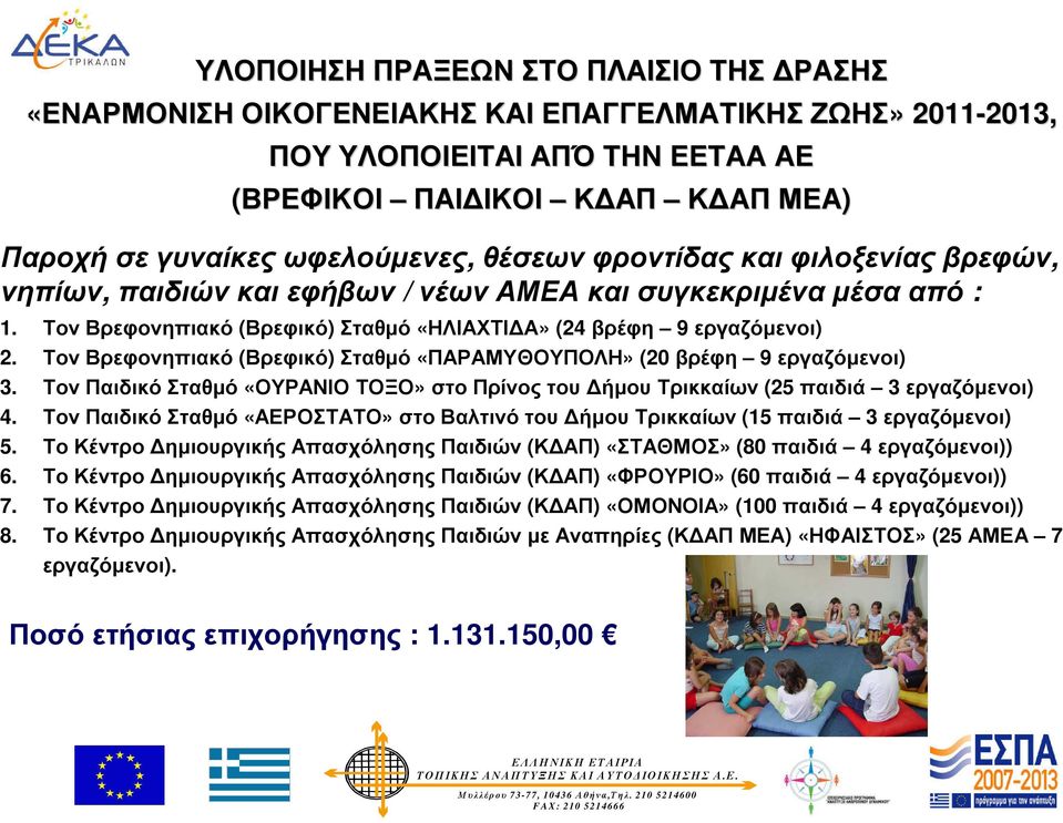 Τον Βρεφονηπιακό (Βρεφικό) Σταθµό «ΠΑΡΑΜΥΘΟΥΠΟΛΗ» (20 βρέφη 9 εργαζόµενοι) 3. Τον Παιδικό Σταθµό «ΟΥΡΑΝΙΟ ΤΟΞΟ» στο Πρίνος του ήµου Τρικκαίων (25 παιδιά 3 εργαζόµενοι) 4.