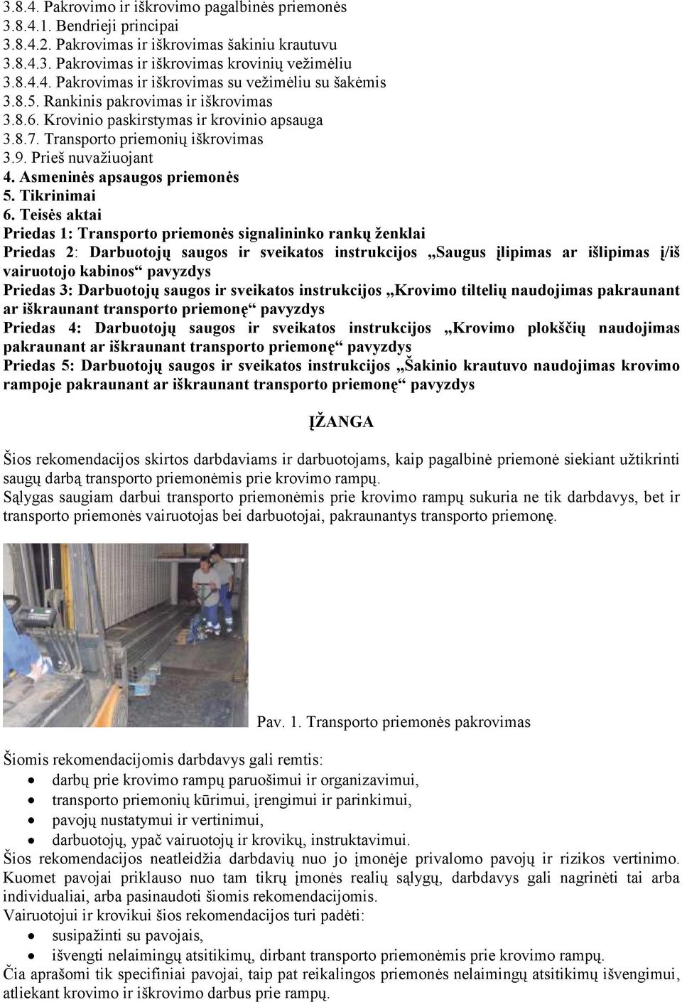 Teisės aktai Priedas 1: Transporto priemonės signalininko rankų ţenklai Priedas 2: Darbuotojų saugos ir sveikatos instrukcijos Saugus įlipimas ar išlipimas į/iš vairuotojo kabinos pavyzdys Priedas 3: