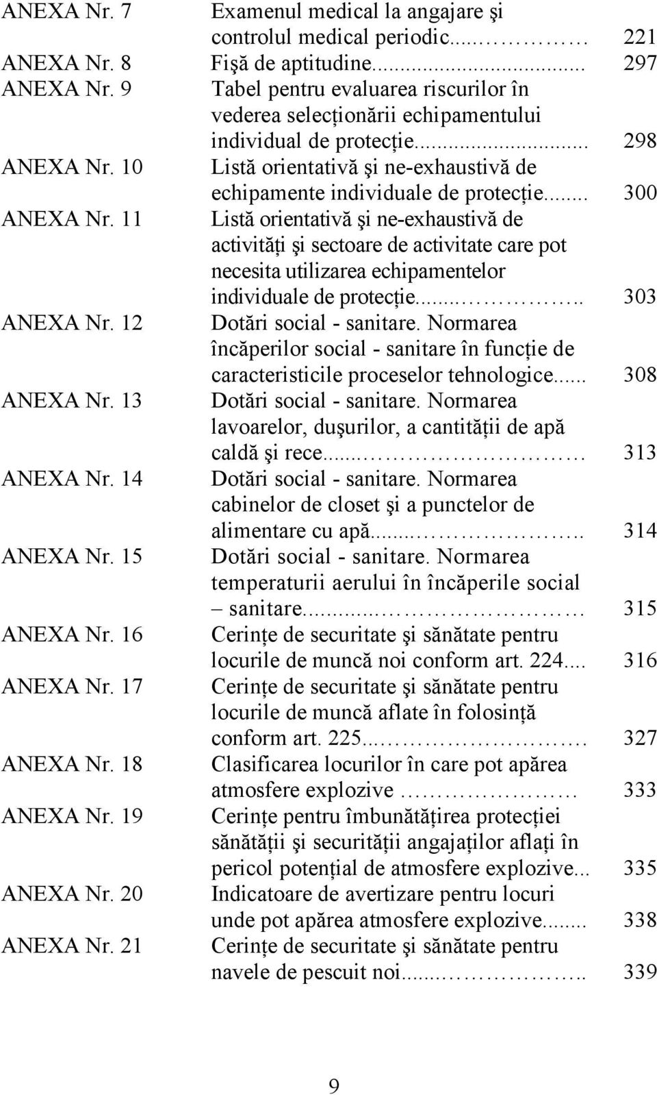 .. 300 ANEXA Nr. 11 Listă orientativă şi ne-exhaustivă de activităţi şi sectoare de activitate care pot necesita utilizarea echipamentelor individuale de protecţie..... 303 ANEXA Nr.