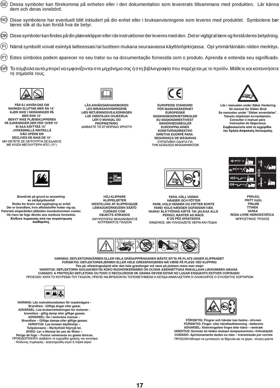 Disse symboler kan findes på din plæneklipper eller i de instruktioner der leveres med den. Det er vigtigt at lære og forstå deres betydning.