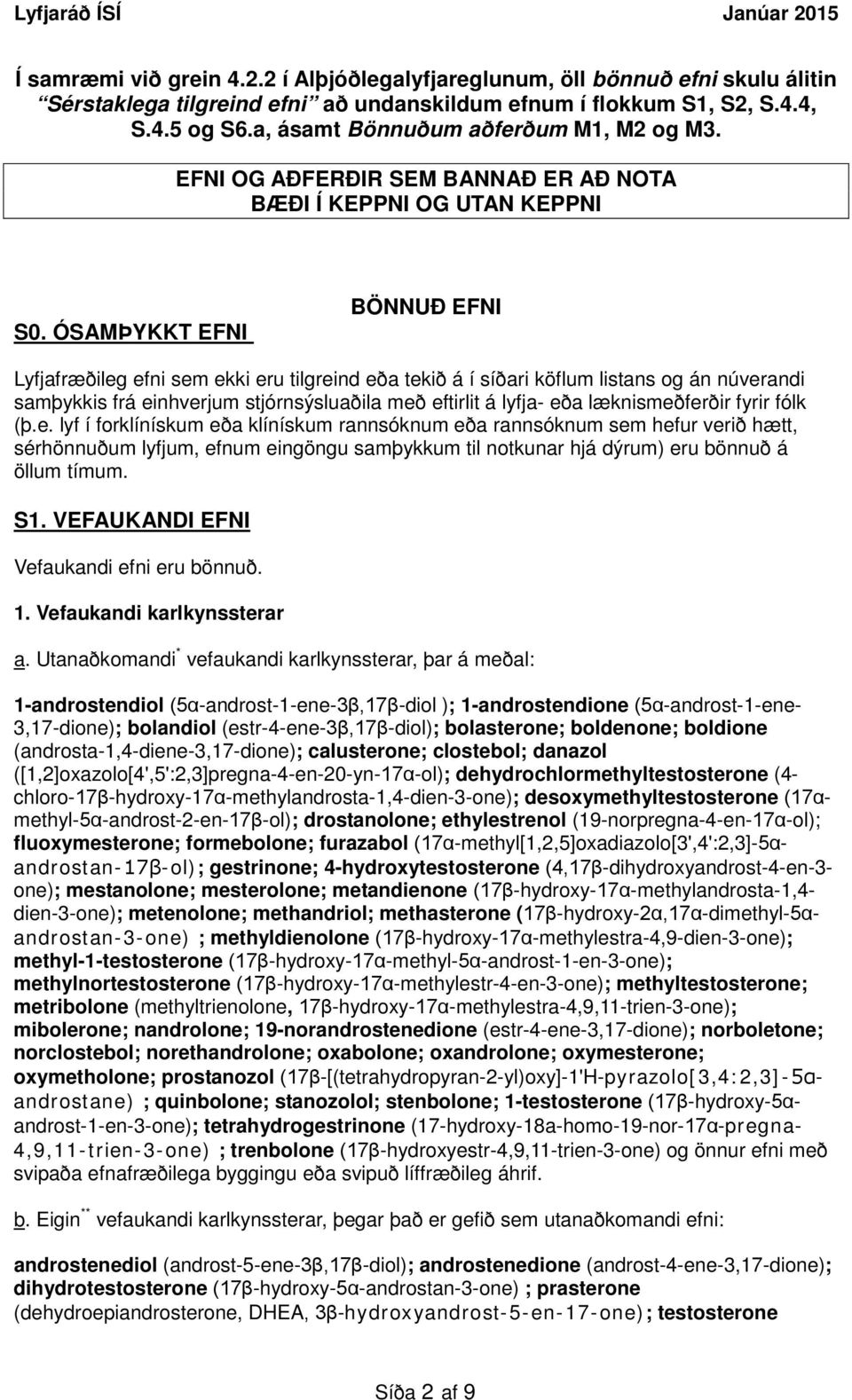 ÓSAMÞYKKT EFNI BÖNNUÐ EFNI Lyfjafræðileg efni sem ekki eru tilgreind eða tekið á í síðari köflum listans og án núverandi samþykkis frá einhverjum stjórnsýsluaðila með eftirlit á lyfja- eða