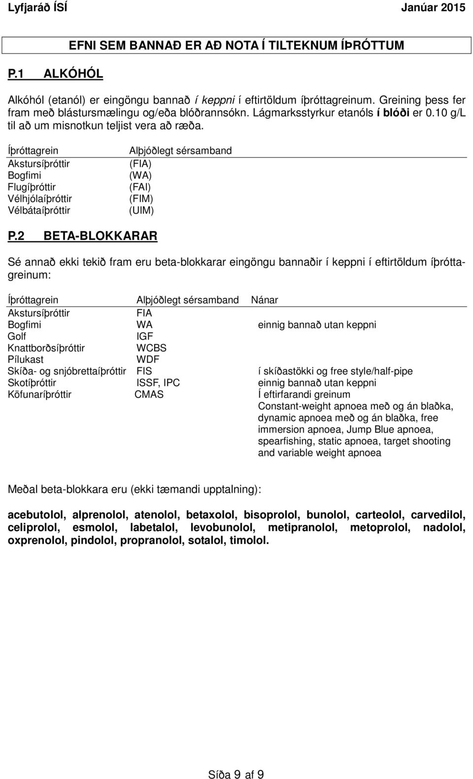 Íþróttagrein Akstursíþróttir Bogfimi Flugíþróttir Vélhjólaíþróttir Vélbátaíþróttir Alþjóðlegt sérsamband (FIA) (WA) (FAI) (FIM) (UIM) P.