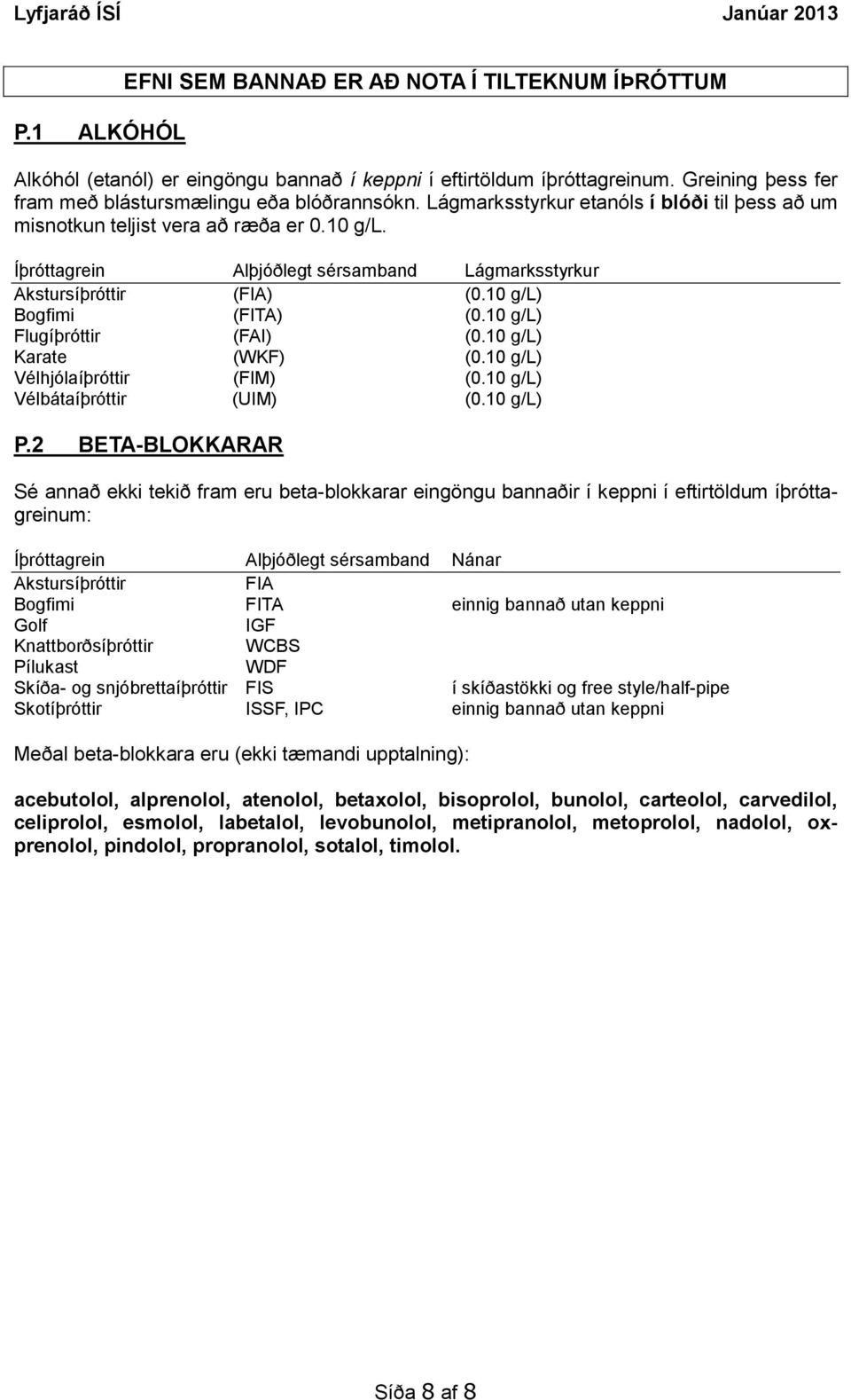 10 g/l) Flugíþróttir (FAI) (0.10 g/l) Karate (WKF) (0.10 g/l) Vélhjólaíþróttir (FIM) (0.10 g/l) Vélbátaíþróttir (UIM) (0.10 g/l) P.