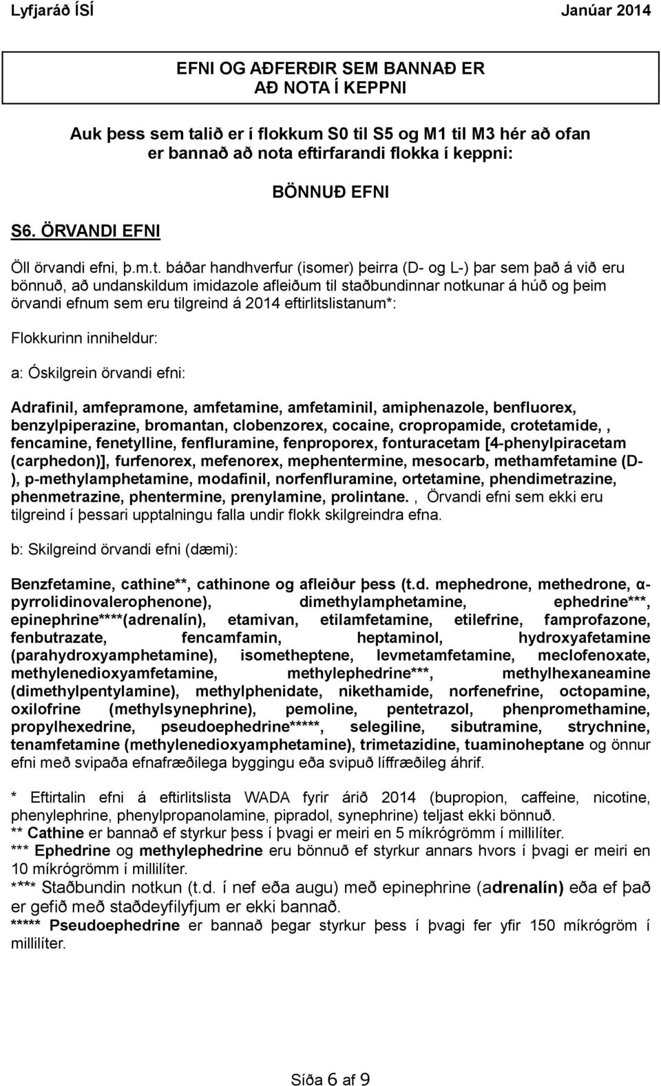 báðar handhverfur (isomer) þeirra (D- og L-) þar sem það á við eru bönnuð, að undanskildum imidazole afleiðum til staðbundinnar notkunar á húð og þeim örvandi efnum sem eru tilgreind á 2014