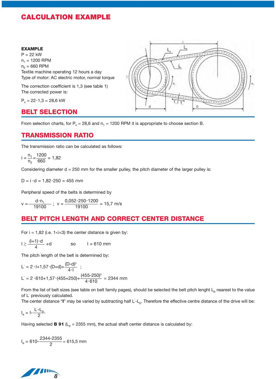 TRANSMISSION RATIO The transmission ratio can be calculated as follows: n i = 1 1 = = 1,82 n 2 660 Considering diameter d = 0 for the smaller pulley, the pitch diameter of the larger pulley is: D = i