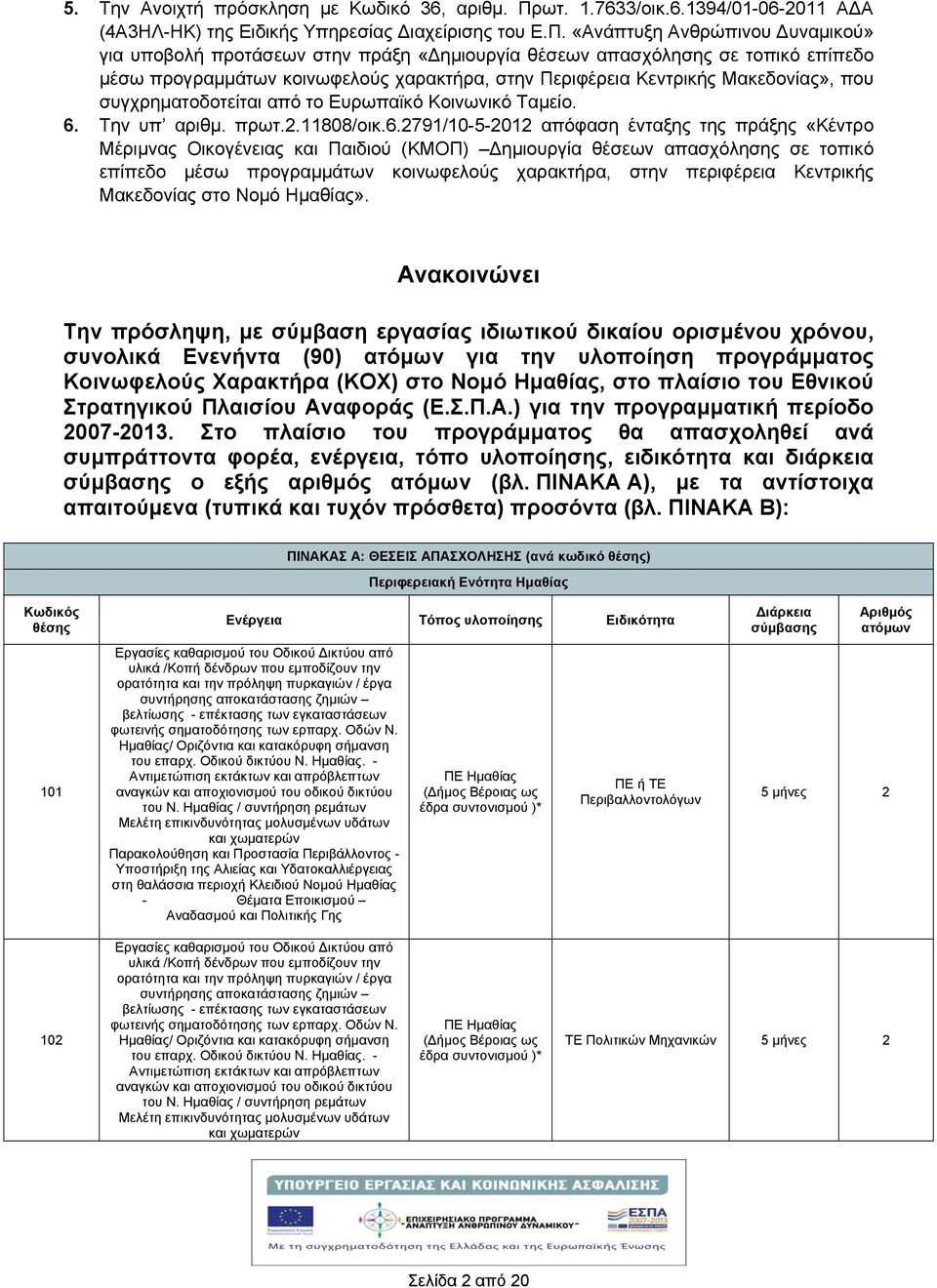 «Ανάπτυξη Ανθρώπινου υναμικού» για υποβολ προτάσεων στην πράξη «ημιουργία θέσεων απασχόλησης σε τοπικό επίπεδο μέσω προγραμμάτων κοινωφελούς χαρακτρα, στην Περιφέρεια Κεντρικς Μακεδονίας», που