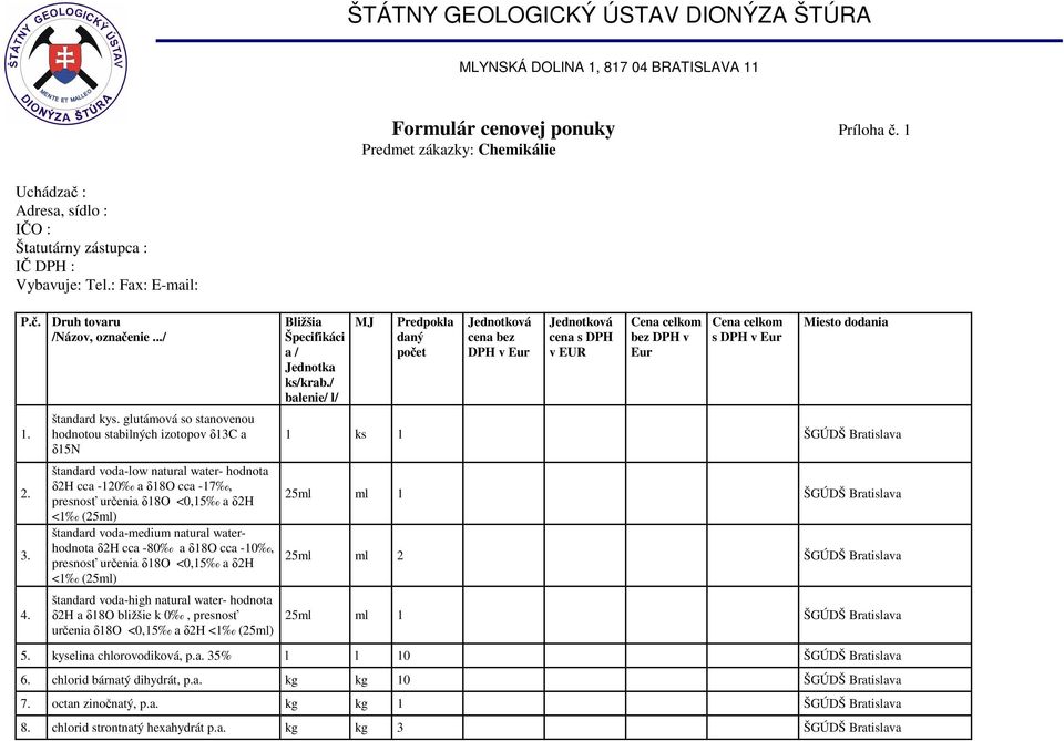 glutámová so stanovenou hodnotou stabilných izotopov δ13c a δ15n štandard voda-low natural water- hodnota δ2h cca -120 a δ18o cca -17, presnosť určenia δ18o <0,15 a δ2h <1 (25ml) štandard voda-medium