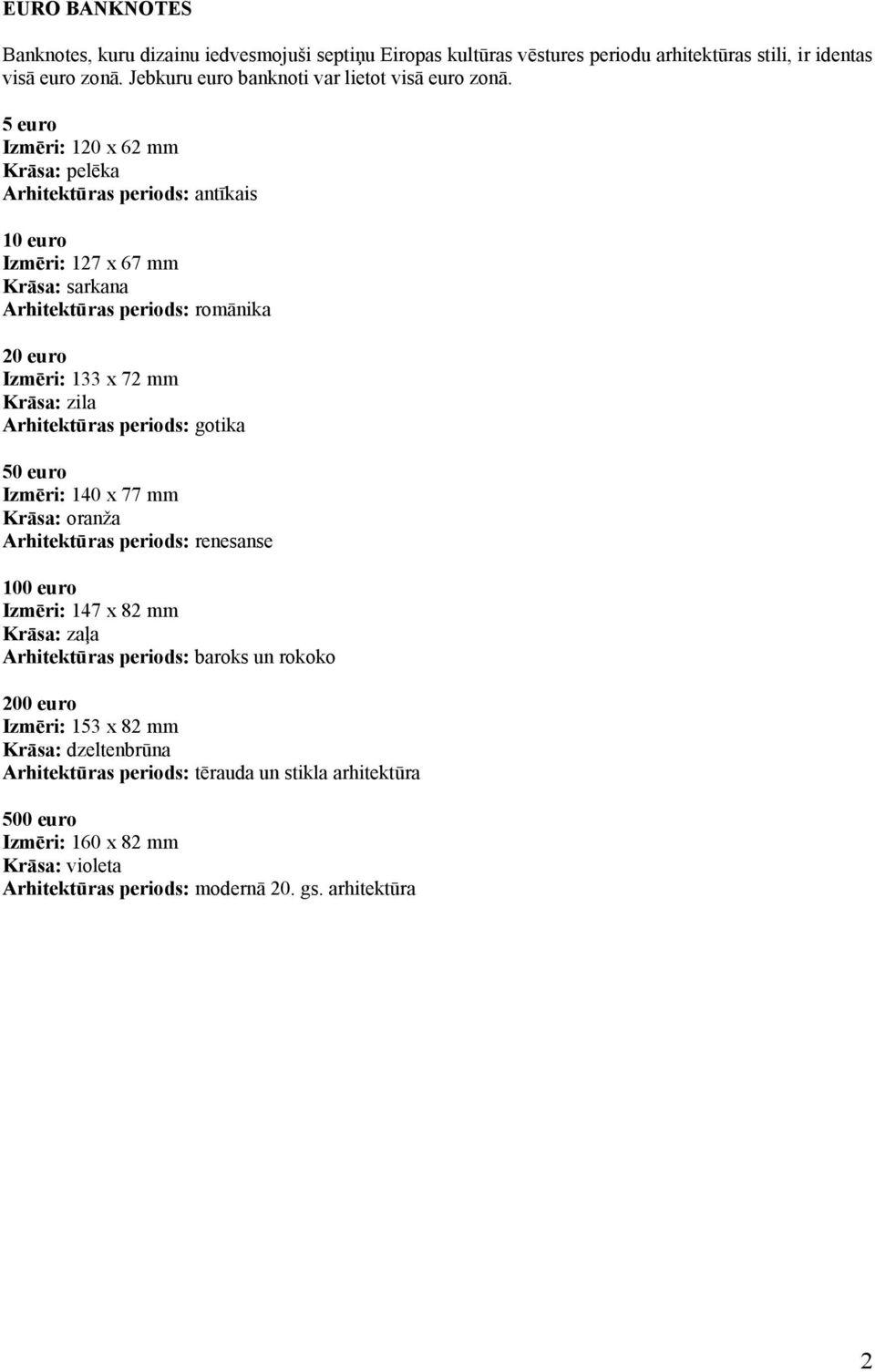 Arhitektūras periods: gotika 50 euro Izmēri: 140 x 77 mm Krāsa: oranža Arhitektūras periods: renesanse 100 euro Izmēri: 147 x 82 mm Krāsa: zaļa Arhitektūras periods: baroks un rokoko 200