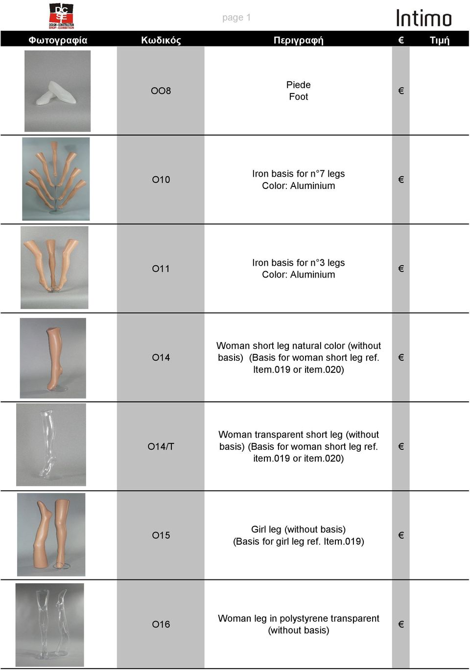 019 or item.020) O14/T Woman transparent short leg (without basis) (Basis for woman short leg ref. item.019 or item.020) O15 Girl leg (without basis) (Basis for girl leg ref.