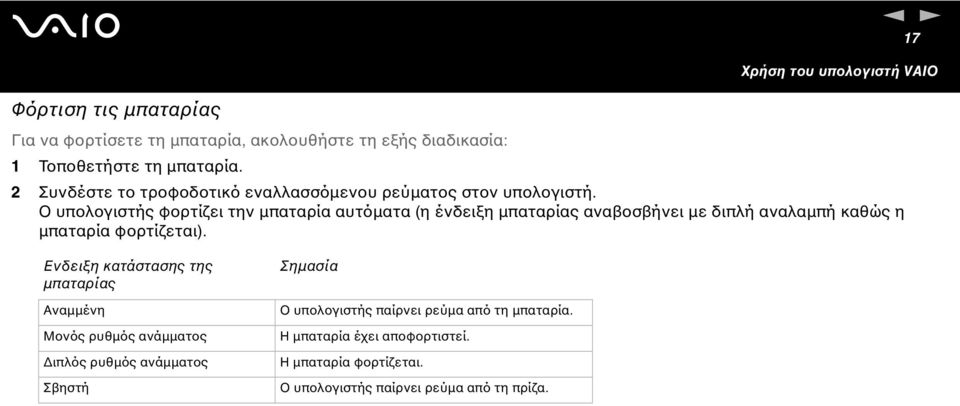 Ο υπολογιστής φορτίζει την µπαταρία αυτόµατα (η ένδειξη µπαταρίας αναβοσβήνει µε διπλή αναλαµπή καθώς η µπαταρία φορτίζεται).