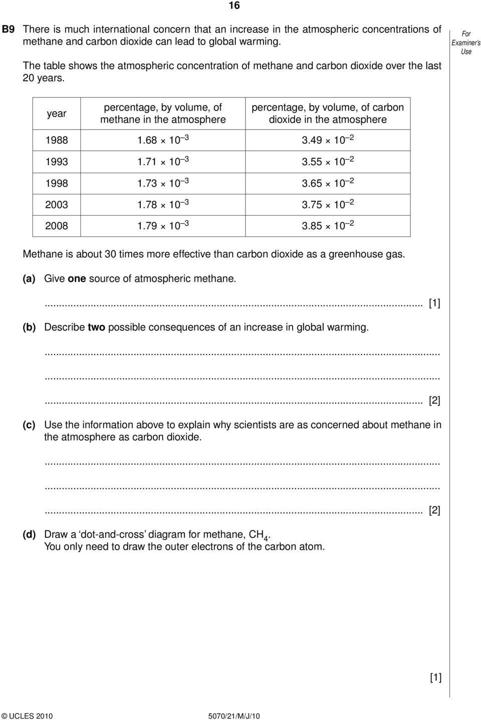 year percentage, by volume, of methane in the atmosphere percentage, by volume, of carbon dioxide in the atmosphere 1988 1.68 10 3 3.49 10 2 1993 1.71 10 3 3.55 10 2 1998 1.73 10 3 3.65 10 2 2003 1.
