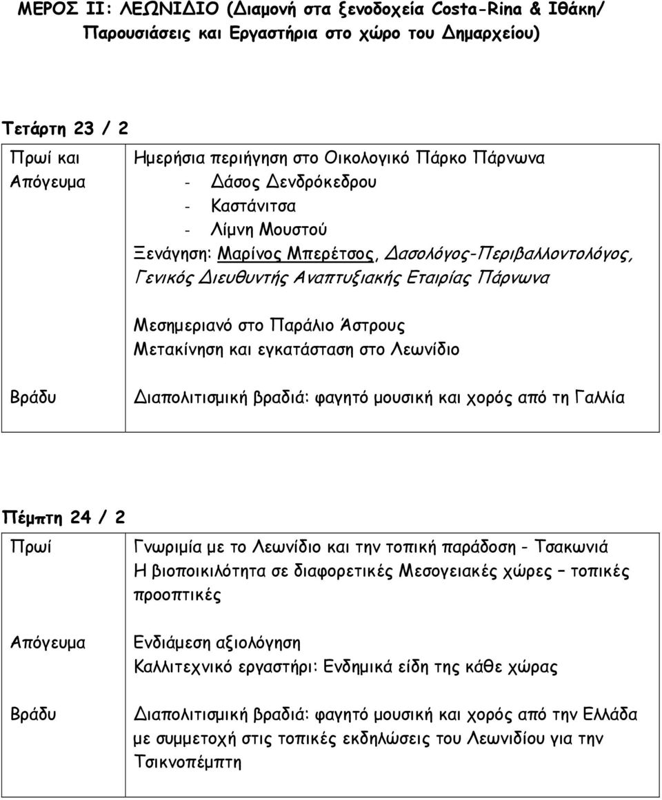 και εγκατάσταση στο Λεωνίδιο ιαπολιτισμική βραδιά: φαγητό μουσική και χορός από τη Γαλλία Πέμπτη 24 / 2 Γνωριμία με το Λεωνίδιο και την τοπική παράδοση - Τσακωνιά Η βιοποικιλότητα σε