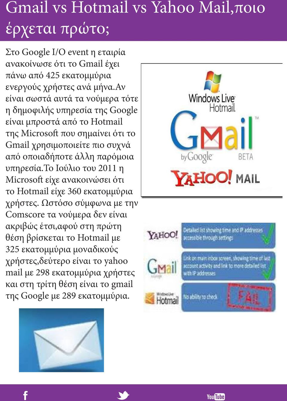 άλλη παρόμοια υπηρεσία.το Ιούλιο του 2011 η Microsoft είχε ανακοινώσει ότι το Hotmail είχε 360 εκατομμύρια χρήστες.