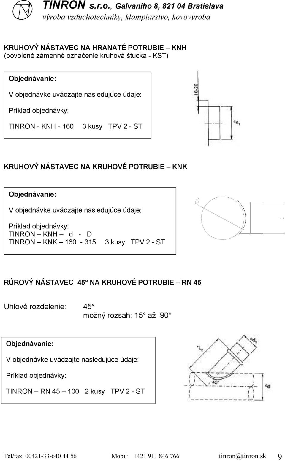 kusy TPV 2 - ST RÚROVÝ NÁSTAVEC 45 NA KRUHOVÉ POTRUBIE RN 45 Uhlové rozdelenie: 45 možný rozsah: 15 až