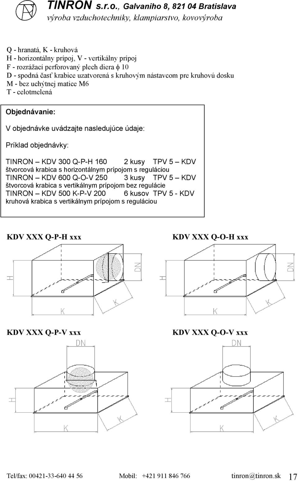 reguláciou TINRON KDV 600 Q-O-V 250 3 kusy TPV 5 KDV štvorcová krabica s vertikálnym prípojom bez regulácie TINRON KDV 500 K-P-V 200 6 kusov TPV 5 - KDV kruhová