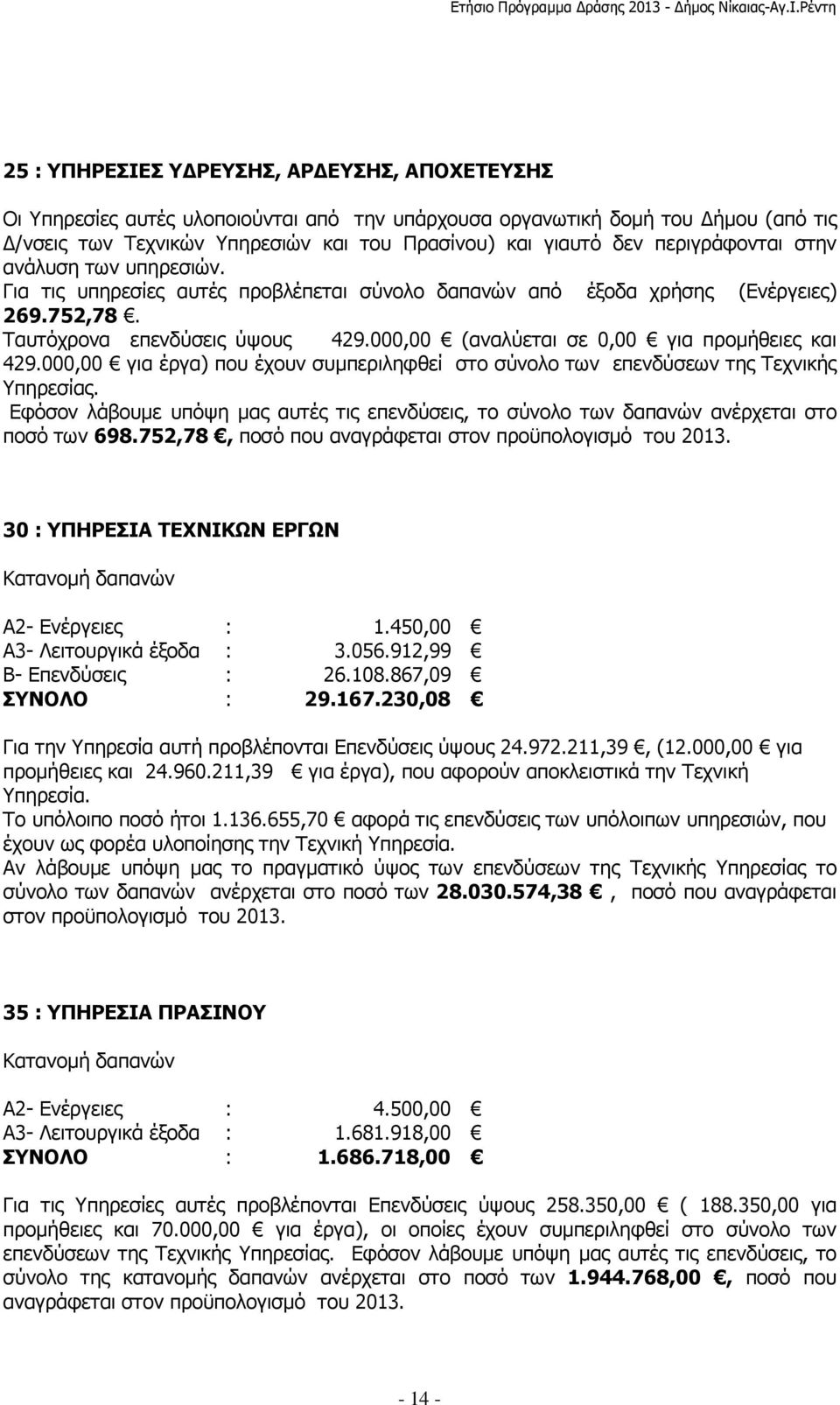 000,00 (αναλύεται σε 0,00 για προµήθειες και 429.000,00 για έργα) που έχουν συµπεριληφθεί στο σύνολο των επενδύσεων της Τεχνικής Υπηρεσίας.