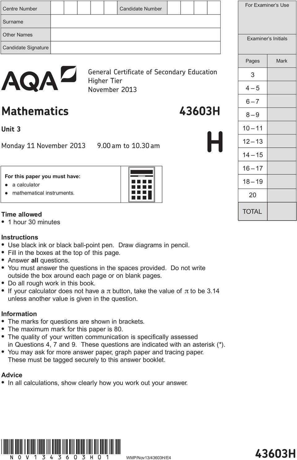 16 17 18 19 20 Time allowed l 1 hour 30 minutes TOTAL Instructions l Use black ink or black ball-point pen. Draw diagrams in pencil. l Fill in the es at the top of this page. l Answer all questions.