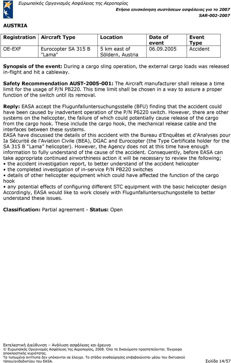 Safety Recommendation AUST-2005-001: The Aircraft manufacturer shall release a time limit for the usage of P/N PB220.