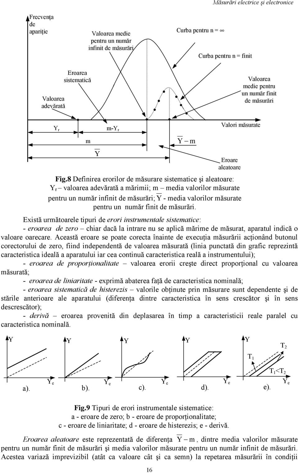 8 Definirea erorilor de măsurare sistematice şi aleatoare: Y r valoarea adevărată a mărimii; m media valorilor măsurate pentru un număr infinit de măsurări; Y - media valorilor măsurate pentru un