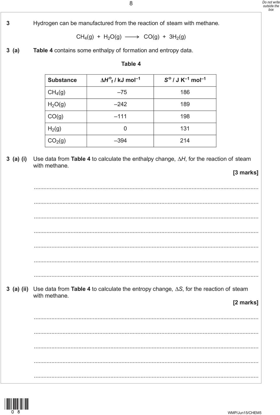 Table 4 Substance ΔH f / kj mol 1 S / J K 1 mol 1 CH 4 (g) 75 186 H 2 O(g) 242 189 CO(g) 111 198 H 2 (g) 0 131 CO 2 (g) 394 214 3 (a) (i)