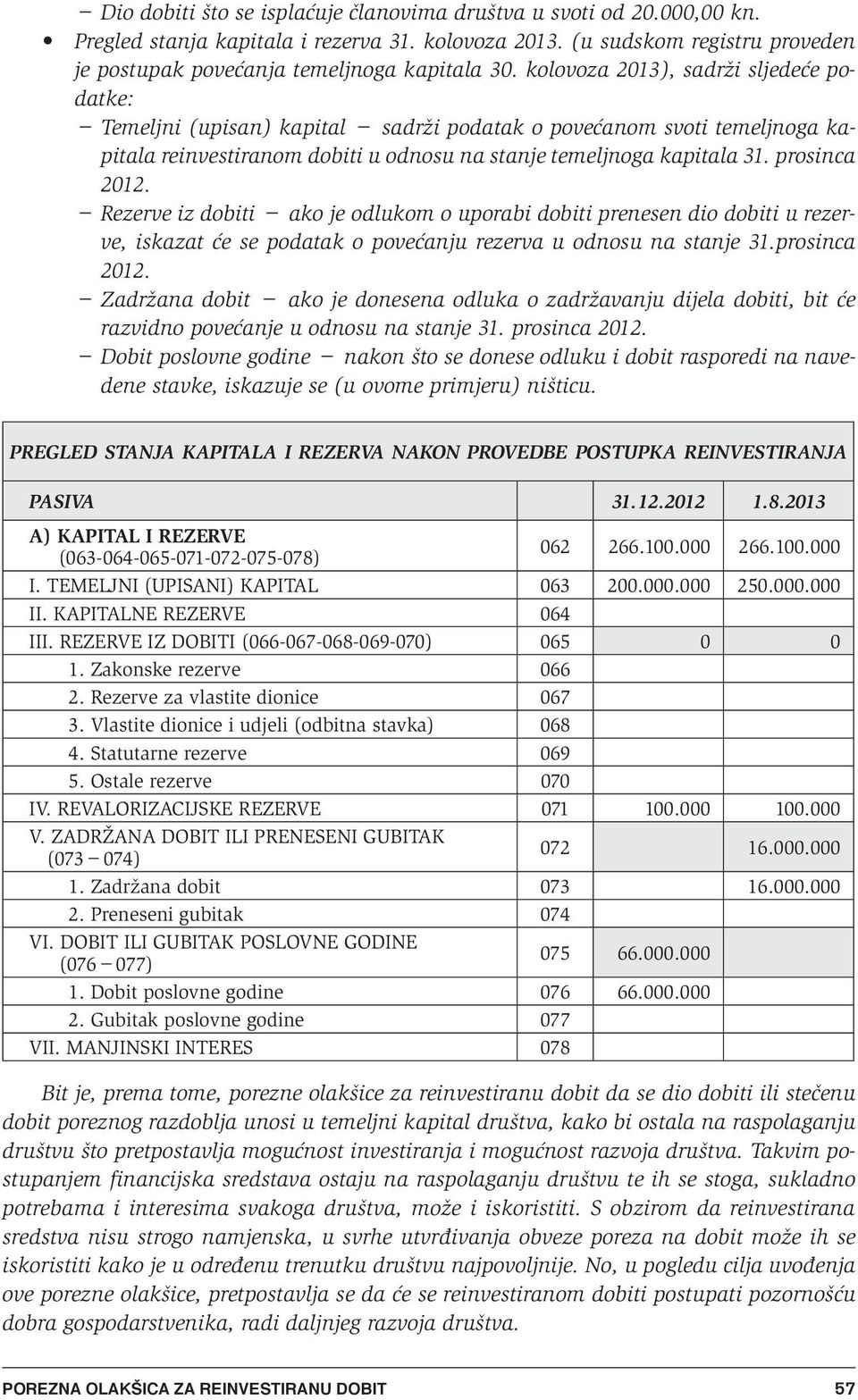 Rezerve iz dobiti ako je odlukom o uporabi dobiti prenesen dio dobiti u rezerve, iskazat Êe se podatak o poveêanju rezerva u odnosu na stanje 31.prosinca 2012.