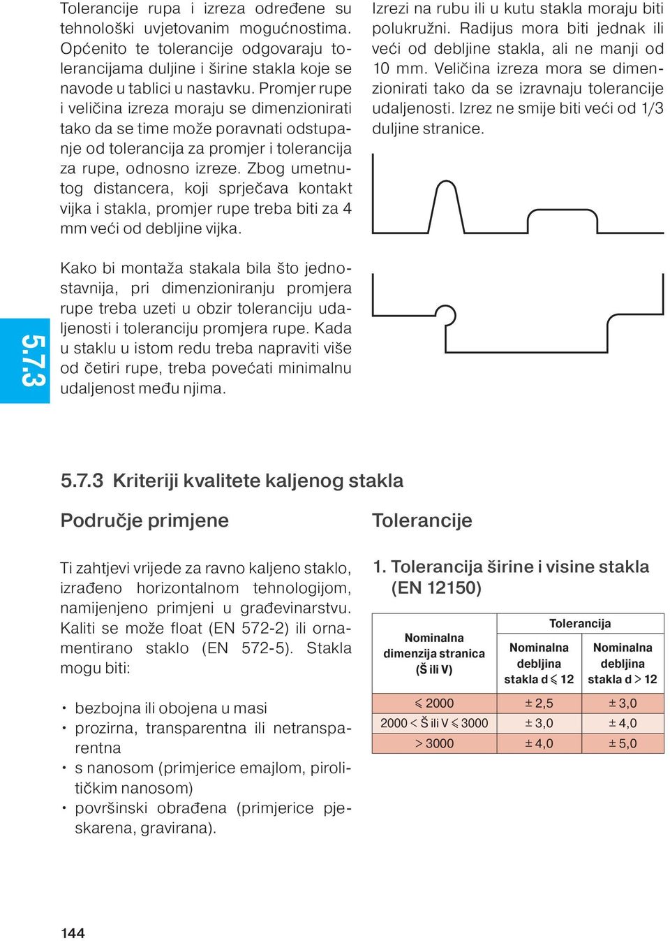 Zbog umetnutog distancera, koji sprječava kontakt vijka i stakla, promjer rupe treba biti za 4 mm veći od debljine vijka. Izrezi na rubu ili u kutu stakla moraju biti polukružni.