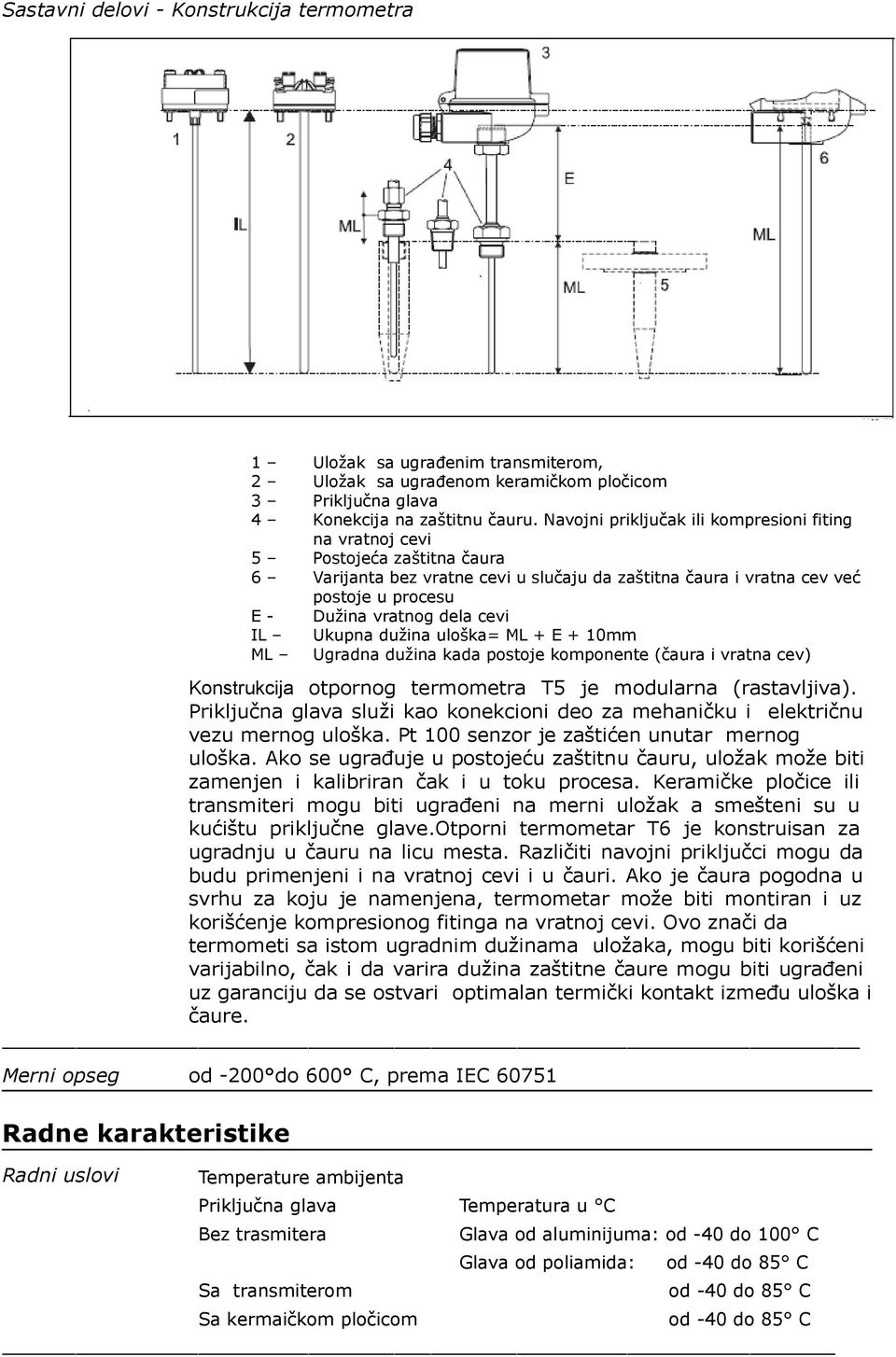 cevi IL Ukupna dužina uloška= ML + E + 10mm ML Ugradna dužina kada postoje komponente (čaura i vratna cev) Konstrukcija otpornog termometra T5 je modularna (rastavljiva).