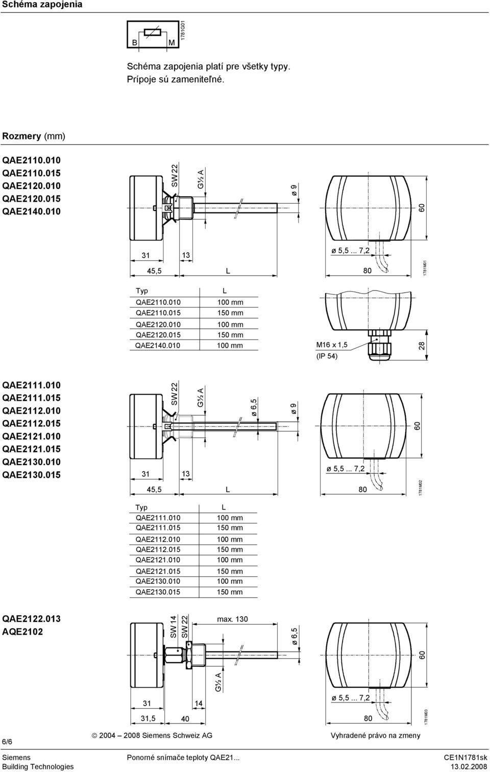 QAE2130015 31 SW 22 13 G½ A ø 6,5 ø 9 ø 5,5 7,2 60 45,5 L 1781M02 Typ QAE2111010 QAE2111015 QAE2112010 QAE2112015 QAE2121010 QAE2121015 QAE2130010 QAE2130015 L QAE2122013 AQE2102 SW 14 SW