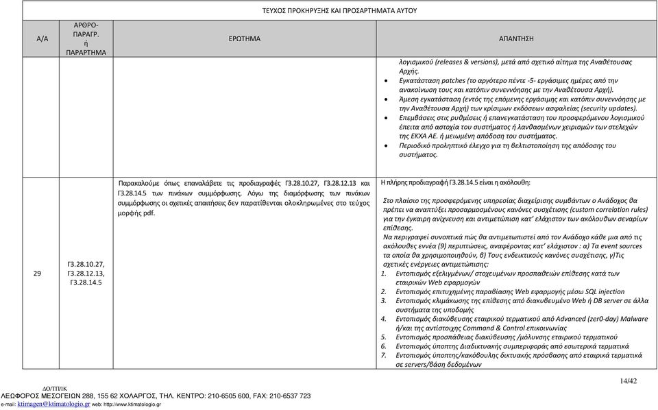 Άμεση εγκατάσταση (εντός της επόμενης εργάσιμης και κατόπιν συνεννόησης με την Αναθέτουσα Αρχ) των κρίσιμων εκδόσεων ασφαλείας (security updates).