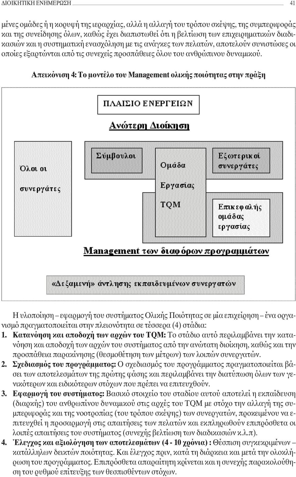 Απεικόνιση 4: Το µοντέλο του Management ολικής ποιότητας στην πράξη Η υλοποίηση εφαρµογή του συστήµατος Ολικής Ποιότητας σε µία επιχείρηση ένα οργανισµό πραγµατοποιείται στην πλειονότητα σε τέσσερα