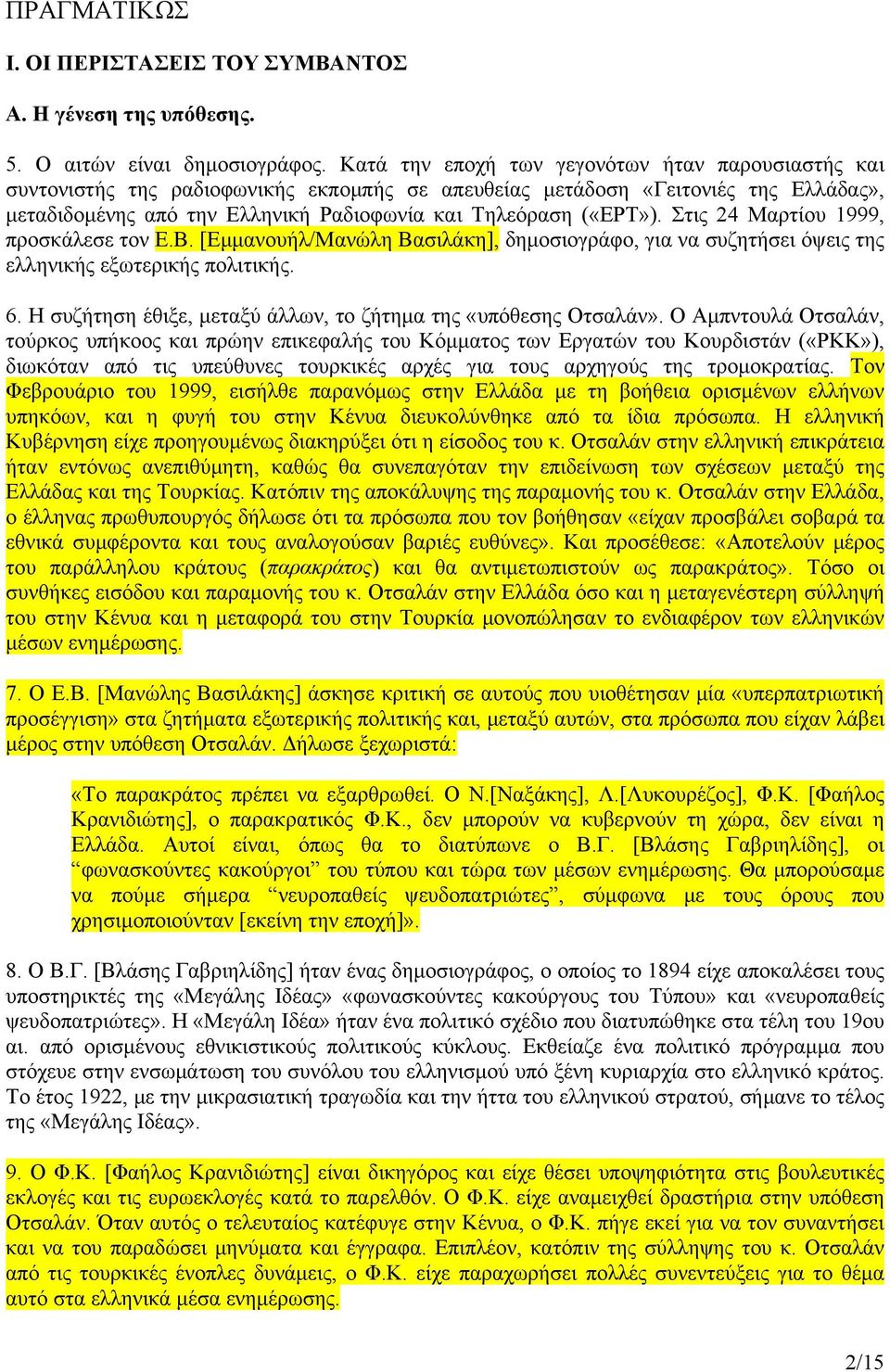 Στις 24 Μαρτίου 1999, προσκάλεσε τον Ε.Β. [Εμμανουήλ/Μανώλη Βασιλάκη], δημοσιογράφο, για να συζητήσει όψεις της ελληνικής εξωτερικής πολιτικής. 6.