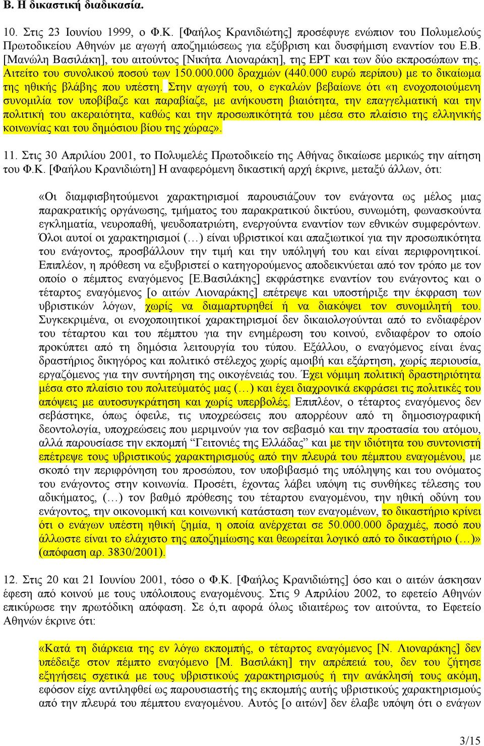 Στην αγωγή του, ο εγκαλών βεβαίωνε ότι «η ενοχοποιούμενη συνομιλία τον υποβίβαζε και παραβίαζε, με ανήκουστη βιαιότητα, την επαγγελματική και την πολιτική του ακεραιότητα, καθώς και την προσωπικότητά