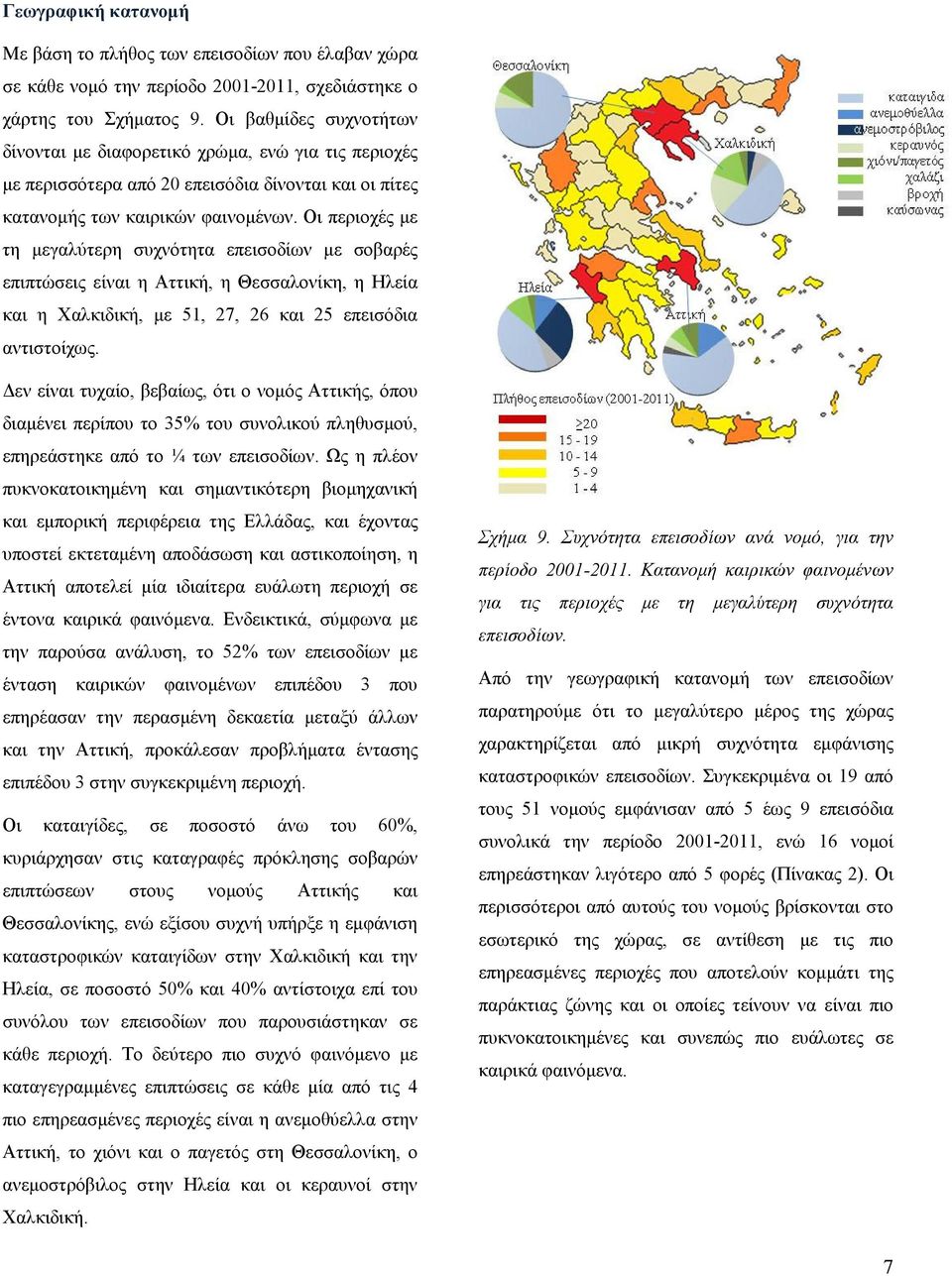 Οι περιοχές µε τη µεγαλύτερη συχνότητα επεισοδίων µε σοβαρές επιπτώσεις είναι η Αττική, η Θεσσαλονίκη, η Ηλεία και η Χαλκιδική, µε 51, 27, 26 και 25 επεισόδια αντιστοίχως.