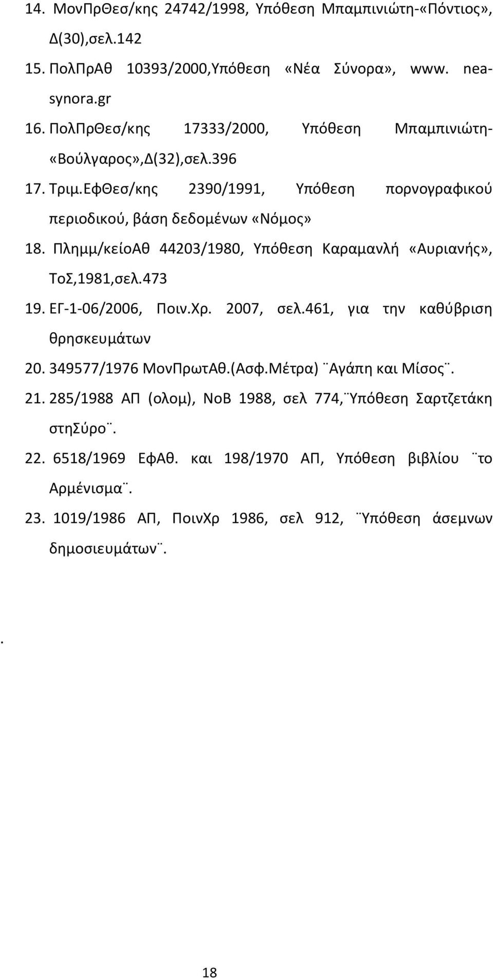 Πλημμ/κείοΑθ 44203/1980, Υπόθεση Καραμανλή «Αυριανής», ΤοΣ,1981,σελ.473 19. ΕΓ-1-06/2006, Ποιν.Χρ. 2007, σελ.461, για την καθύβριση θρησκευμάτων 20. 349577/1976 ΜονΠρωτΑθ.(Ασφ.