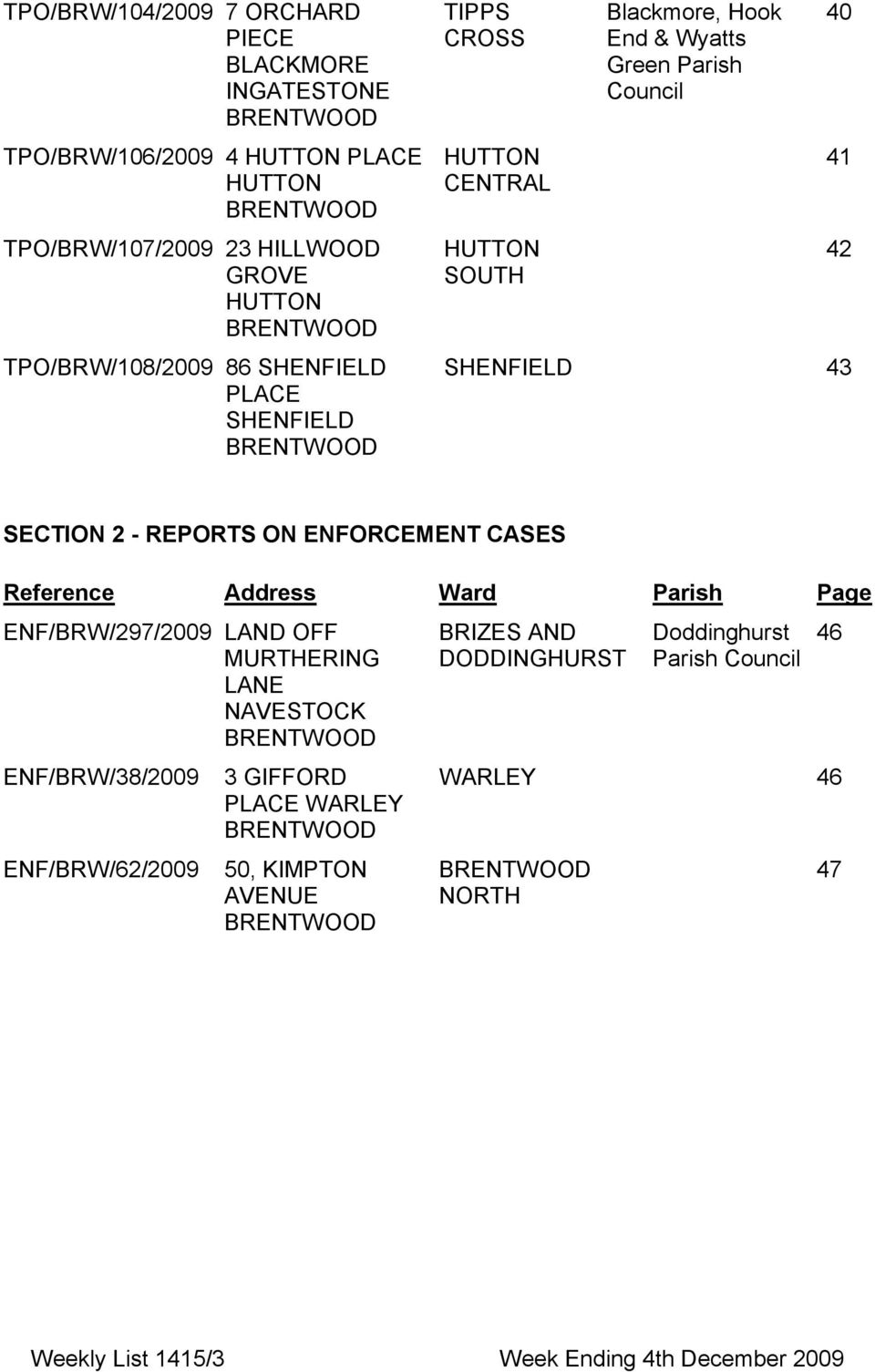 REPORTS ON ENFORCEMENT CASES Reference Address Ward Parish Page ΕΝΦ/ΒΡΩ/297/2009 ΛΑΝ ΟΦΦ ΜΥΡΤΗΕΡΙΝΓ ΛΑΝΕ ΝΑςΕΣΤΟΧΚ ΕΝΦ/ΒΡΩ/38/2009 ΕΝΦ/ΒΡΩ/62/2009 3