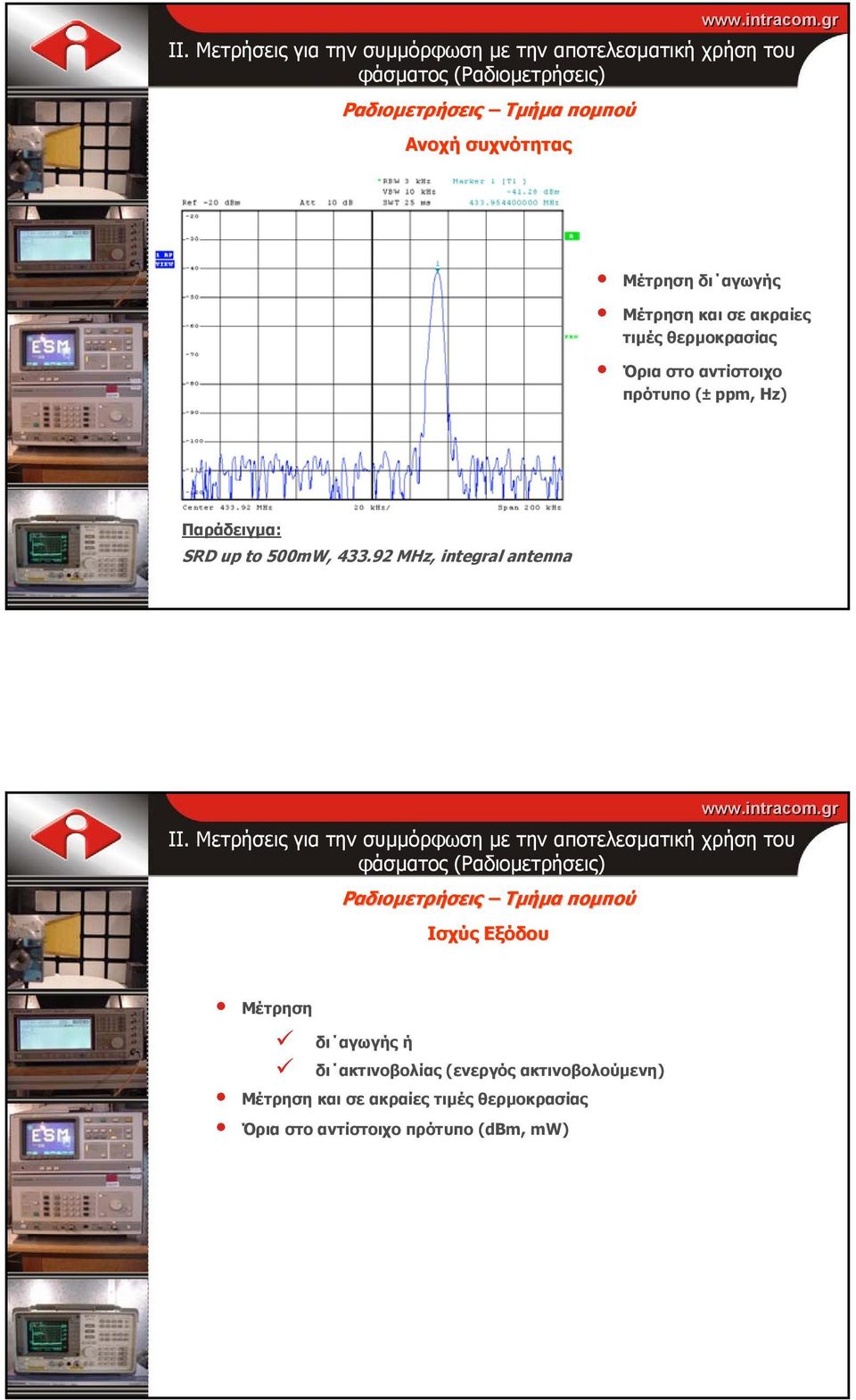 92 MHz, integral antenna Ραδιοµετρήσεις Τµήµα ποµπού Ισχύς Εξόδου Μέτρηση δι αγωγής ή Μέτρηση